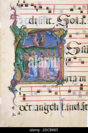 Manuscrit Illumination avec l'Assomption de la Vierge dans une initiale A, d'un Antiphonaire, italien, 1450-60. Banque D'Images