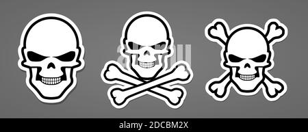 Symbole pirate avec crâne méchant et bouton de croix d'os croisés ou illustration vectorielle de l'autocollant Illustration de Vecteur