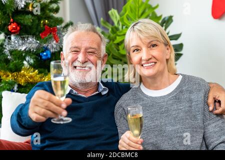 Couple senior homme et femme avec champagne et chat, assis sur un canapé avec arbre de Noël et décoration en arrière-plan Banque D'Images