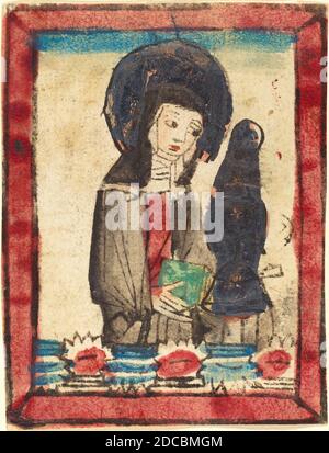 Allemand 15ème siècle, (artiste), Saint Clare d'Assise, cinq coupes de bois d'une série franciscaine, (série), 1450/1470, coupe de bois, couleur vin rouge, bleu, vert, carmin, gris, or Banque D'Images