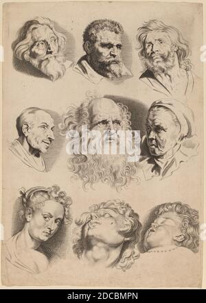 Paulus Pontius, (artiste), Flamand, 1603 - 1658, Sir Peter Paul Rubens, (artiste d'après), Flamand, 1577 - 1640, Nine Heads, A Drawing Book, (série), gravure Banque D'Images