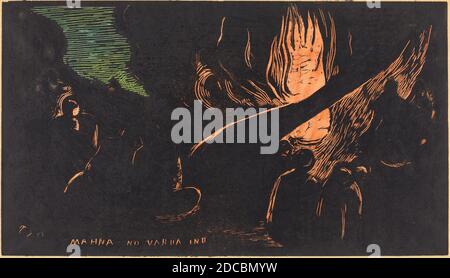 Paul Gauguin, (artiste), Français, 1848 - 1903, Mahna no Varua Ino (le diable parle), Noa Noa Suite, (série), 1894/1895, coupe de bois imprimée en orange, vert et noir par Louis Roy Banque D'Images