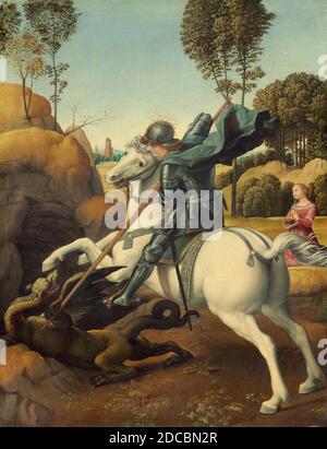 Raphaël, (artiste), Marchigian, 1483 - 1520, Saint George et le Dragon, c. 1506, huile sur panneau, hors tout: 28.5 x 21.5 cm (11 1/4 x 8 7/16 in.), encadré: 53.3 x 47.6 x 8.3 cm (21 x 18 3/4 x 3 1/4 in.), Raphaël est né à Urbino, un duché d'Italie centrale réputé pour son élégante gentilité et sa bourse Renaissance. Il s'installe à Florence vers la fin de 1504 Banque D'Images