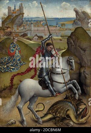 Rogier van der Weyden, (artiste), Netherlandish, 1399/1400 - 1464, Saint George et le Dragon, c. 1432/1435, huile sur panneau, surface peinte : 14.3 x 10.5 cm (5 5/8 x 4 1/8 in.), hors tout (panneau) : 15.2 x 11.8 cm (6 x 4 5/8 in.), à cadre : 34.6 x 30.4 x 5.3 cm (13 5/8 x 11 15/16 x 2 1/16 in Banque D'Images