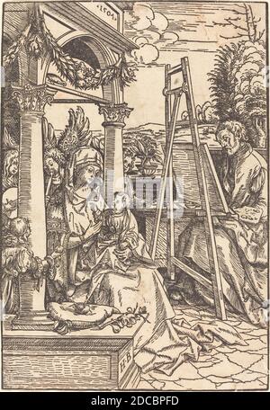 Hans Burgkmair I, (artiste), allemand, 1473 - 1531, Saint Luke Painting the Portrait of the Virgin, 1507, coupe de bois Banque D'Images
