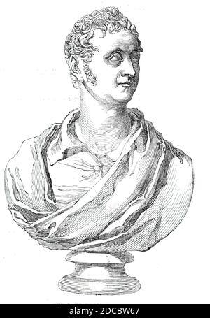 Feu Thomas Campbell, 1844. Buste en marbre de l'auteur écossais: 'Scotland a donné naissance à Thomas Campbell. Il était bom à Glasgow en 1777, où il a été envoyé tôt à l'école, sous M. David Alison, qui avait une méthode d'enseignement dans les classiques purement sa propre. Campbell a commencé à écrire le verset dans son enfance, et certaines de ses premières tentatives de poésie sont encore existantes parmi ses amis en Écosse. A douze ans, il a défait l'école de l'université de Glasgow, où, en grec, il était le premier étudiant de son âge, et a fait des paraphrases poétiques des poètes grecs les plus célèbres. De Banque D'Images