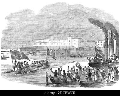 La Debarkation, 1844. Le roi français Louis Philippe arrive à Portsmouth: 'Le parti royal et distingué s'est déplacé vers le gangway afin de descendre au bateau qui devait les transporter sur la rive; Et ici, un concours amical a prévalu pendant un moment entre le roi des Français et le prince Albert, qui devrait avoir le plaisir de donner la priorité à l'autre. Le prince, cependant, persévérait suffisamment pour obtenir son point de vue, et le roi était donc le premier à descendre le gangway, suivi du prince Albert, du duc de Montpensier, et du duc de Wellington.from "Illustrated Lon Banque D'Images