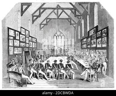 L'examen dans la salle à manger, 1844. Les soldats qui ont passé des examens à l'Académie militaire royale de Wooolwich, dans le sud-est de Londres: «le mardi 18 juin, vingt-neuvième anniversaire de la victoire la plus brillante et décisive jamais gagnée par la vaillance britannique, a été fixé à juste titre pour l'examen semestriel des cadets de Gentlement'. De "Illustrated London News", 1844, vol I. Banque D'Images