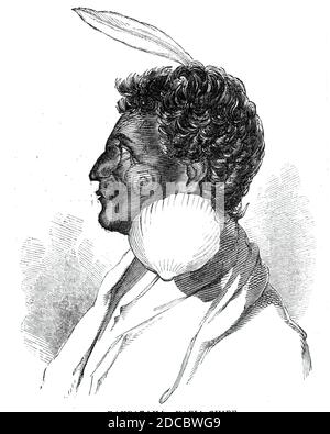 Rauparaha - Chef de Kafia, 1844. Portrait de te Rauparaha, chef maori de la tribu Ngati Toa, d'après un dessin de M. J. Greaves. Il « a pris la partie la plus importante du massacre tardif à Wairau... ses yeux sont très lumineux et sont expressifs de la grande ruse ». Il '... a résisté à toutes les tentatives des colons d'occuper la terre qui aurait été achetée des autochtones par la compagnie néo-zélandaise... les autochtones ressemblent à des enfants gâtés... l'impunité étendue à tous leurs actes criminels, Les ont encouragés à croire que le gouvernement est soit peu disposé, soit incapable de les contrôler, et il les a conduits Banque D'Images