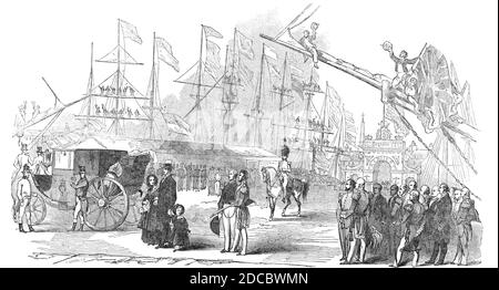 Le Parti royal au King William Dock, Dundee, 1844. La reine Victoria est accueillie à son arrivée en Écosse. De "Illustrated London News", 1844, vol I. Banque D'Images