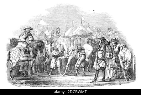 Courses hippiques sous le règne de Charles II, 1844. « nous présentons ici à nos lecteurs ce que l'on peut appeler l'une des « curiosités » des courses hippiques, considérées à l'origine comme un passe-temps libéral, et pratiquées pour le plaisir plutôt que pour le profit, sans l'idée de la réduire à un système de jeu de hasard. Au sujet de la période que nous avons illustrée, cependant, "les courses hippiques étaient des desports de grands hommes, et bon en eux-mêmes, bien que de nombreux messieurs par de tels moyens ont galopé tout à fait hors de leur fortune... à la fin du règne de Charles I., les courses ont eu lieu à Hyde- Park, et à Newmarket, et le prix Banque D'Images