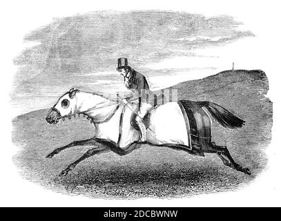 Entraînement à cheval, 1844. 'Les exercices d'entraînement du coureur sont d'un intérêt particulier à ce moment... la gravure annexée, représentant "le dernier sueur"... le processus de donner des sueurs d'entraînement est de vêtir le cheval très chaleureusement, puis de le marcher vers le terrain d'exercice, où il doit bientôt commencer dans un canter, que le pilote, à un moment approprié, accélère dans un galop intelligent au-dessus d'un mile ou deux'. De "Illustrated London News", 1844, vol I. Banque D'Images