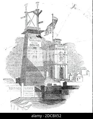 Le télégraphe, et l'église Saint OLAF avant le feu, 1843. La tour de télégraphe, une ancienne tour de tir, a été utilisée comme station de télégraphe 'pour la communication de l'intelligence des Downs et d'autres parties de la côte'. La tour et l'église St Olave ont été détruites par un incendie sur Tooley Street, près du London Bridge. De "Illustrated London News", 1844, vol I. Banque D'Images