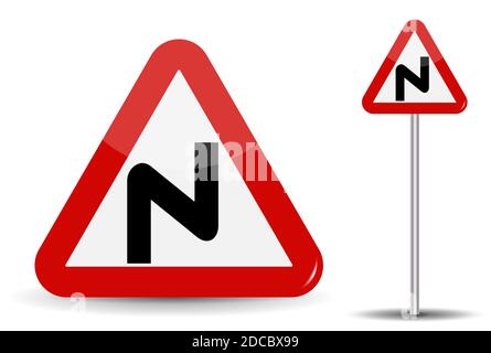 Signalisation routière Avertissement virages dangereux. Dans le triangle rouge, une ligne courbe est représentée schématiquement, indiquant de nombreux virages. Illustration. Banque D'Images