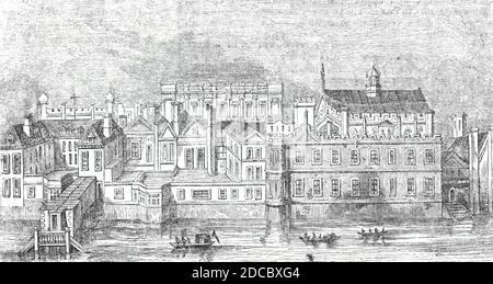 Whitehall, comme il est apparu avant l'incendie de 1691, 1844. Vue sur Whitehall Palace, résidence royale sur la Tamise à Westminster, Londres. La plupart des bâtiments du palais, à l'exception de la salle de banquet d'Inigo Jones de 1622, ont été détruits par un incendie. D'un supplément au de "Illustrated London News", 1844, vol I. Banque D'Images