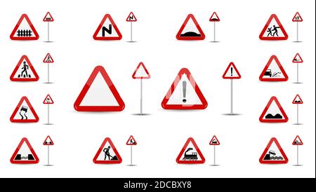 Ensemble de panneaux d'avertissement. Dans le triangle rouge est un sketch différents types de signes spéciaux pour les conducteurs de voiture. Illustration. Banque D'Images
