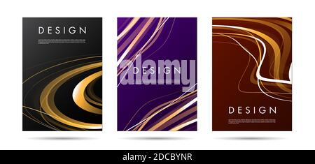 Jeu d'affiches ou de couvertures de brochure avec illustration abstraite de lignes formant des formes d'onde, lumineux sur fond sombre Illustration de Vecteur