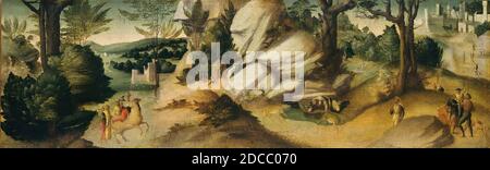 Giovanni Larciani (Maître des paysages de Kress), (peintre), Florentine, 1484 - 1527, scènes d'une légende, probablement c. 1515/1520, huile sur toile, hors tout : 27.9 x 88.9 cm (11 x 35 in.), encadré (toile inférieure, encadré de 1939.1.344.b et .c) : 86.52 x 114.3 x 9.21 cm (34 1/16 x 45 x 3 5/8 in Banque D'Images