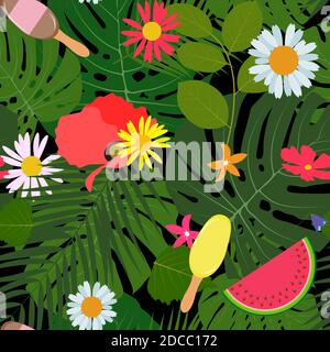 Arrière-plan à motif abstrait d'été sans couture avec feuilles et fleurs de palmier. Illustration Banque D'Images