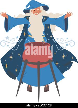 L'assistant fait furonter la potion magique, icône isolée sur fond blanc. Illustration vectorielle. Vieux magicien avec la barbe Illustration de Vecteur