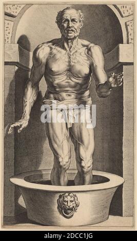 Cornelis Galle I, (artiste), Flamand, 1576 - 1650, Sir Peter Paul Rubens, (artiste d'après), Flamand, 1577 - 1640, Seneca debout dans le bain, gravure Banque D'Images