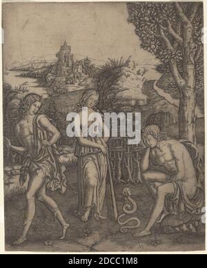 Marcantonio Raimondi, (artiste), Roman, c. 1480 - c. 1534, serpent parlant à un jeune homme, gravure Banque D'Images