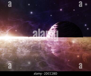 Planète Saturne ou Jupiter en gros plan avec anneau de météorites et soleil en brume. illustration 3d Banque D'Images