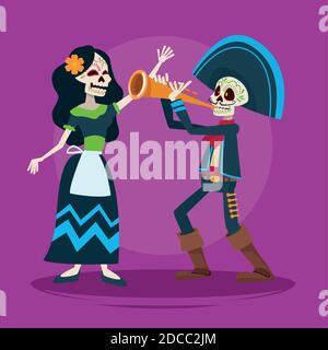 carte de célébration dia de los muertos avec couple de squelettes et motif d'illustration de vecteur trompette Illustration de Vecteur