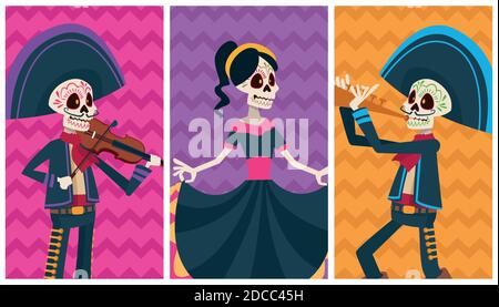 carte de célébration dia de los muertos avec couleurs de groupe de squelettes illustration vectorielle de caractères Illustration de Vecteur