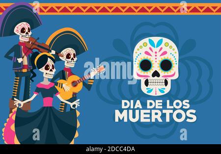 carte de célébration dia de los muertos avec groupe de squelettes et motif d'illustration vectoriel peint par crâne Illustration de Vecteur