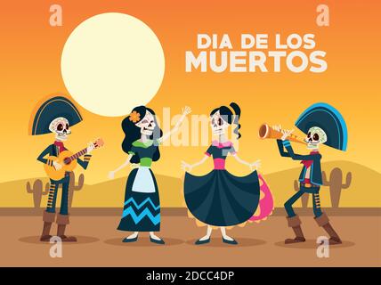 carte de célébration dia de los muertos avec groupe de squelettes illustration vectorielle désertique Illustration de Vecteur