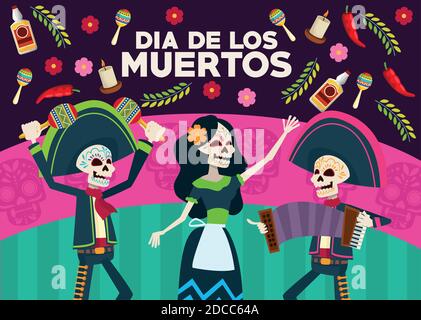 carte de célébration dia de los muertos avec groupe de squelettes et motif fleuri vectoriel Illustration de Vecteur