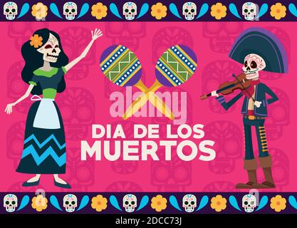 carte de lettrage dia de los muertos avec couple de squelettes et motif d'illustration vectoriel de maracas Illustration de Vecteur