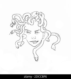 Encre dessin à la main de jeunes Medusa Gorgona tête mâle ou femelle, avec des serpents en colère sur ses cheveux. Banque D'Images