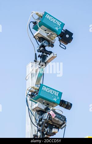 Miami Florida, Tropical Park Greater Miami Athletic Conference championnats, piste et terrain High School ligne d'arrivée caméras horloges, mesure Banque D'Images