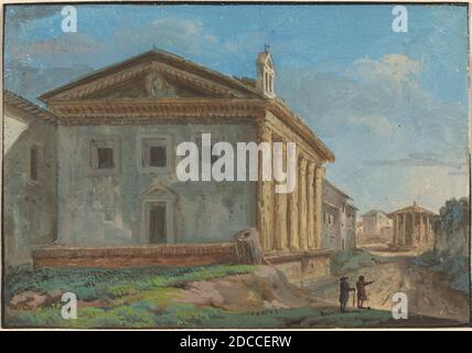 Italien du XVIIIe siècle, (artiste), Tempio della Fortuna virile avec le Tempio di Vesta au loin, gouache sur papier ponté, total: 10.1 x 14.6 cm (4 x 5 3/4 po Banque D'Images