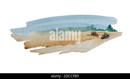 Simple watercolor backdrop with harvesting of wheat fields with abstract combine and tractor. Original wet watercolor illustration isolated on white Stock Photo