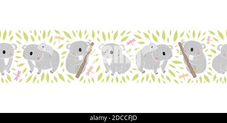 Bordure sans couture avec koalas drôle. Koalas mignons, libellules et feuilles sur fond blanc Banque D'Images