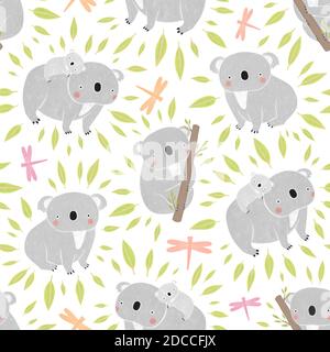 Motif sans couture avec koalas drôle. Koalas mignons, libellules et feuilles sur fond blanc. Personnages de dessin animé dessinés à la main Banque D'Images