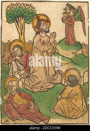 Ludwig d'Ulm, (artiste), allemand, actif 1450/1470, l'agonie dans le jardin, la passion du Christ, (série), coupe de bois de couleur main (page de livre de blocs), total: 11.1 x 7.9 cm (4 3/8 x 3 1/8 po), total (dimensions extérieures du cadre): 59.7 x 44.5 cm (23 1/2 x 17 1/2 po Banque D'Images