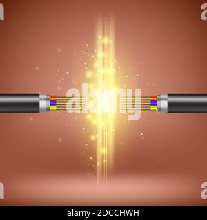 Le fil est en feu. Éclairage électrique. Câble d'alimentation Flash. Décharge électrique passant par l'air. Illustration de Vecteur