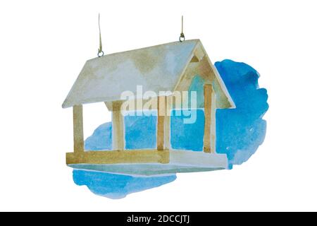 Aquarelle classique oiseaux se nourrissent de bois avec toit et une partie du ciel bleu, original peint à la main illustration isolée sur fond blanc Banque D'Images