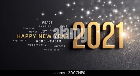 Voeux pour le nouvel an et numéro de date 2021, colorés en or, sur un fond noir festif, avec des paillettes et des étoiles - illustration 3D Banque D'Images