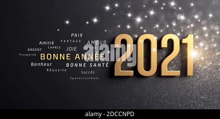 New Year date 2021 et salutations en langue française, coloré en or, sur un fond noir festif, avec des paillettes et des étoiles - illustration 3D Banque D'Images