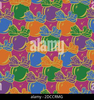 Motif vectoriel sans coutures de décorations de Noël colorées. Boules de Noël colorées sur fond violet, motif nouvel an. Illustration de Vecteur
