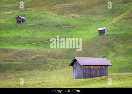 Trois granges en bois avec toits ondulés dans des champs verts juste à l'extérieur de Nauders (Tyrol, Autriche). L'Italie et la Suisse sont proches. Banque D'Images