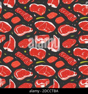 Steak pattern, différentes coupes de bœuf, illustration réaliste de viande crue, fond noir pour la boucherie ou le steakhouse. Illustration de Vecteur