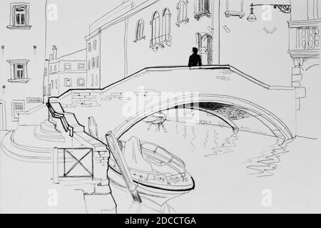 Homme solitaire dans Venise pont architectural stylo dessin illustration Banque D'Images