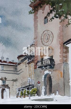 Vieille ville alta citta Bergame place historique, porte dans la tour de Piazza Mascheroni peinture d'aquarelle originale sur papier Banque D'Images