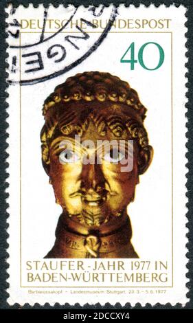 ALLEMAGNE - VERS 1977: Timbre imprimé en Allemagne, montré de Barbarossa Head (1165), Reliquaire de Cappenberg, vers 1977 Banque D'Images